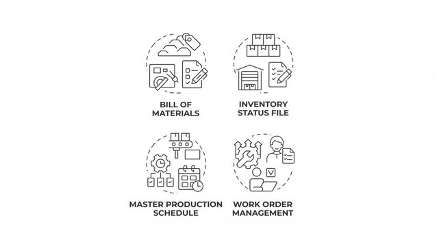 Resource planning frameworks line concept icons animation set. Agile operations management. Workflow optimization. Animated outline round motion graphics. Minimal HD video pack with alpha channel