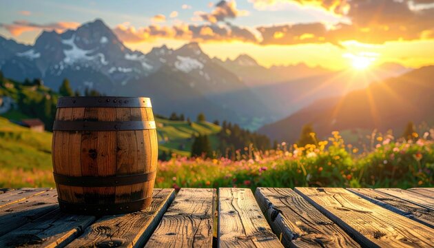 Rustic barrel on wooden table overlooks sun-drenched mountain meadow