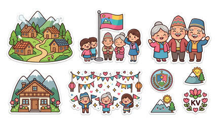Naklejka premium Collection of cute cartoon illustrations depicting Nepalese culture, people, and landscapes.