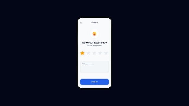 Smartphone Customer Experience Rating UI Animation. Mobile Feedback Survey Interface Concept. Star Rating Form Screen Display. Modern App Feedback Form UI. Blue Interactive Rating Screen.