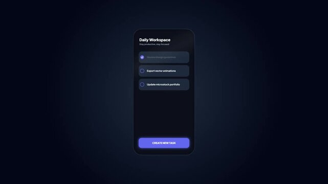 Task management app checklist. Dark mobile UI. Digital workspace dashboard. Productivity workflow. Smartphone task list. Interactive checklist. Modern software interface.