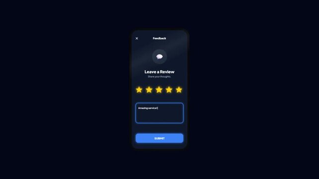 Mobile Review Form. Dark Mode Feedback UI. Customer Rating. Star Review Interface. Smartphone Survey. User Comment Form. Animated App UI