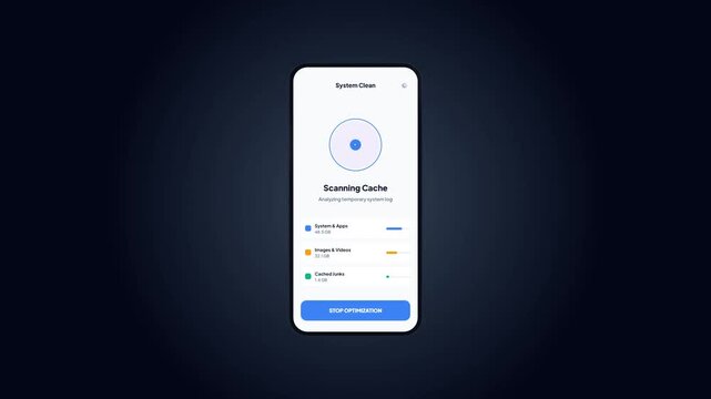 Storage cache scanning. Mobile system cleanup UI. Smartphone optimization screen. Cache analysis progress. Digital maintenance tool. Light theme interface. Modern mobile animation.