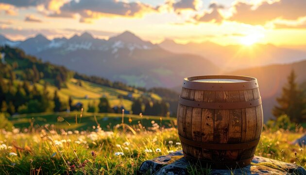 Rustic barrel sits in sun-drenched mountain meadow at dawn