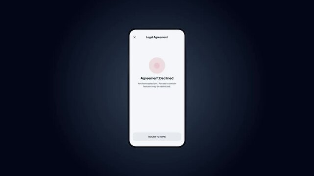 EULA decline screen. Enterprise software agreement UI. Mobile legal interface. License rejection flow. Corporate contract consent. Smartphone checkbox interaction. Light theme design.