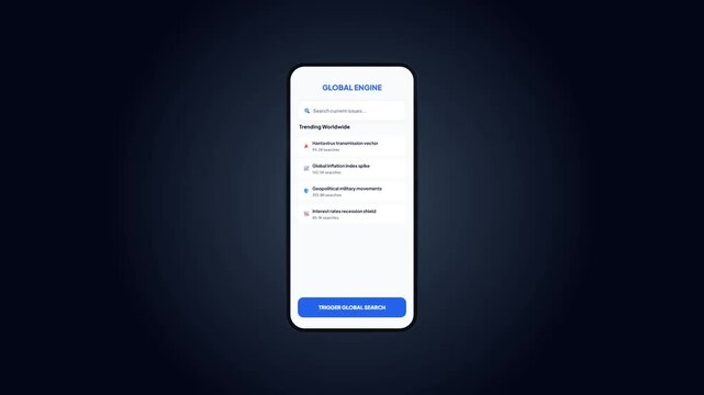 Trending finance search. Mobile search interface. Global narratives dashboard. Smartphone analytics UI. Digital trend discovery. Search results display. Modern app design.