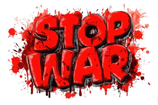Stop War Graffiti: Bold, red graffiti spelling out STOP WAR in a stylized font, splattered with crimson paint, conveys a powerful anti-war message.