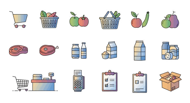 Grocery icons set shopping cart basket food and checklists