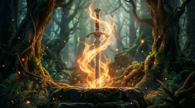 Garden of Eden biblical fiery sword from Genesis, a cinematic close-up of a majestic flaming weapon guarding paradise
