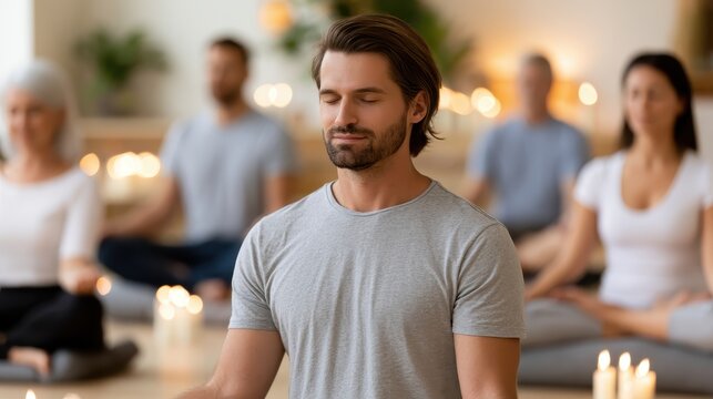 Woman meditating with group in wellness class, mindful relaxation, healthy community, emotional balance, self care lifestyle.