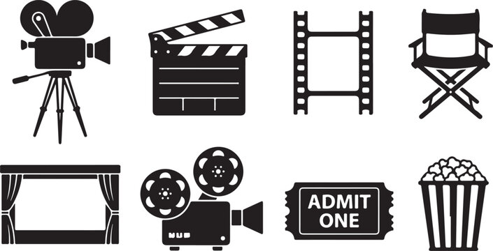 Film, cinema, movie icons, filmmaking symbols, theater signs, black vector graphics