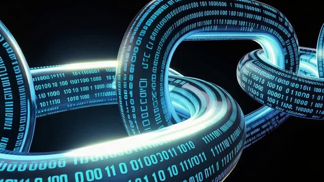 Digital blockchain chain links glowing blue with binary code data flowing across a dark