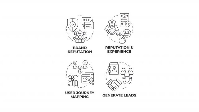 Strategic brand authority line concept icons animation set. Scaling lead generation. Consumer trust metrics. Animated outline round motion graphics. Minimal HD video pack with alpha channel