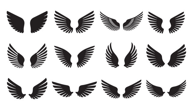 Black Silhouette Wing Icons for Freedom and Angel Concepts on White Background