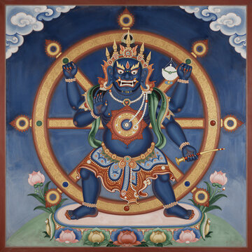 Intricate Painting of the Bhavachakra Wheel of Life Held by a Demon Figure