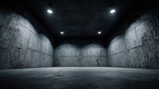 Bare concrete room illuminated by four harsh ceiling lights creates a moody, industrial setting.