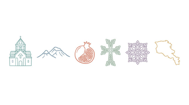 Collection of Armenian national symbols and cultural elements, including a church, mountains, pomegranate, cross, and map, depicted as minimalist line art icons.