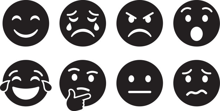 Emotion Icons, Facial Expressions, Black Emojis, Vector Emoticons, Reaction Faces