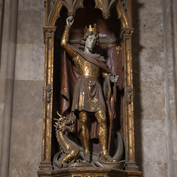 Polychrome Gothic Wood Statue of Saint George Victorious Over the Dragon