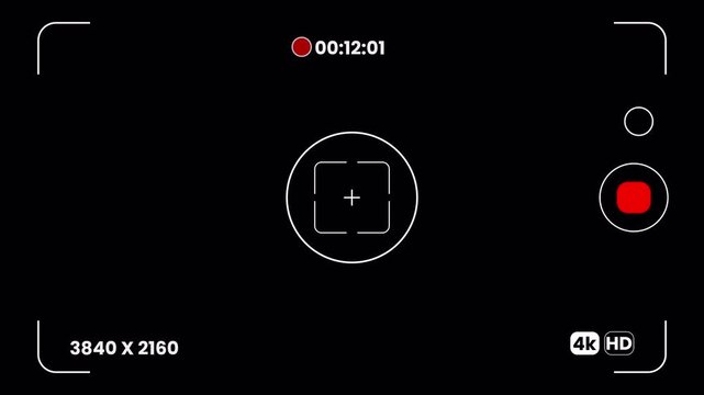 Mobile phone camera recording screen with digital viewfinder and timer, transparent background overlay 4k video