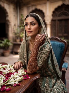 Portrait of a Pakistani bride displaying intricate mehndi art in an opulent courtyard