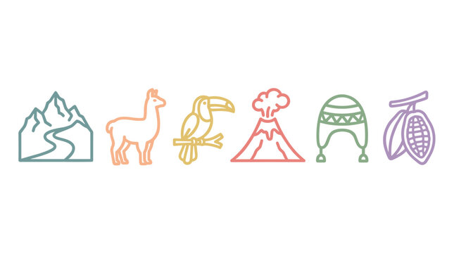 Colorful outline icons representing South American nature, culture, and wildlife including mountains, llama, toucan, volcano, chullo, and cocoa pods.