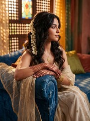 Fototapeta premium Elegant bride modeling ornate mehndi hands with gold jewelry in sapphire setting