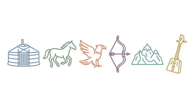 Mongolian cultural symbols and nomadic lifestyle elements are depicted as colorful line art icons representing traditional heritage.