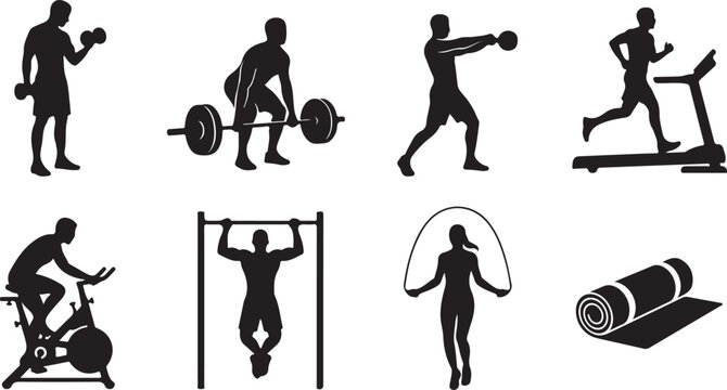 Fitness icons, workout silhouettes, exercise graphics, athletic signs