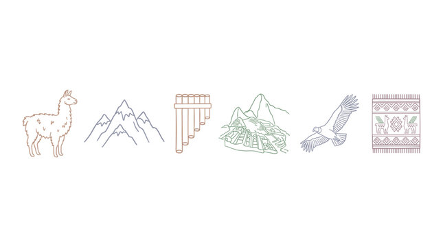 Andean cultural symbols collection with llama, mountains, pan flute, ancient ruins, condor, and traditional textile patterns in line art style.