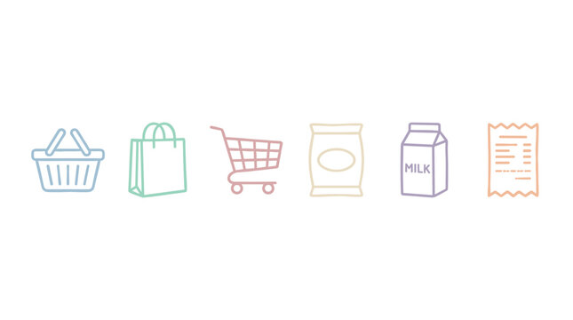 Shopping and grocery items are depicted as a colorful collection of simple line art icons representing everyday retail experiences.