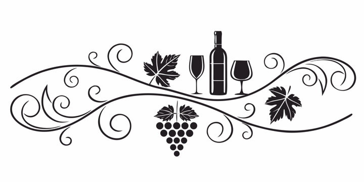 Decorative wine border with bottle glasses and grapes, vector