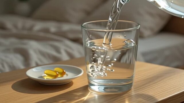 Clear water pouring into a glass on a wooden table next to a white ceramic plate holding natural vitamin capsules in bright morning sunlight.