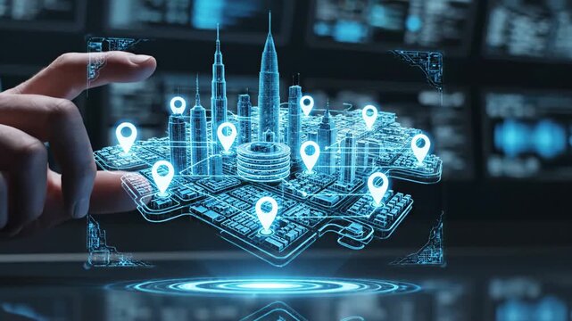 Hyper realistic hologram tech city map with glowing buildings and location markers on futuristic digital interface display