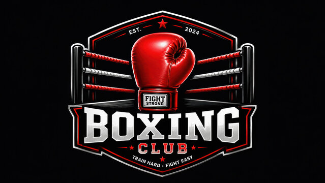 Red boxing glove emblem with ring ropes for a professional boxing club sports logo design on black