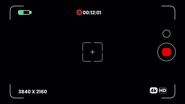 Digital camera viewfinder recording interface with timer and status display, video production overlay 4k video
