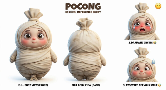 Pocong 3D Chibi Character Reference Sheet Front Back View with Expressions &ndash; Indonesian Ghost