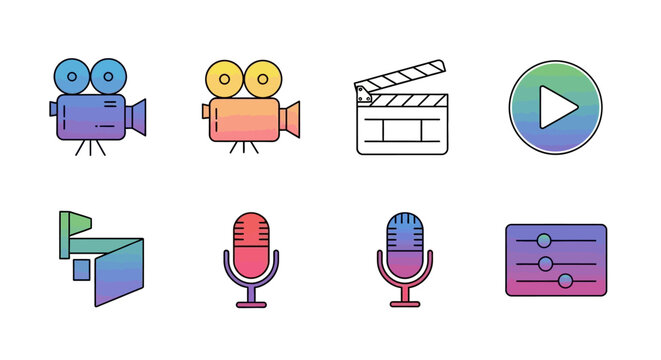 Colorful film production equipment icons on white background