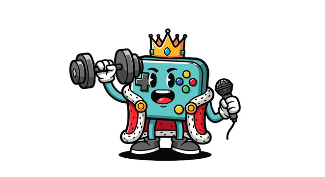 Cute Robot Character Lifting Weights With Crown And Microphone.