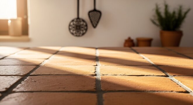 Sunlit terracotta tile floor with tools.