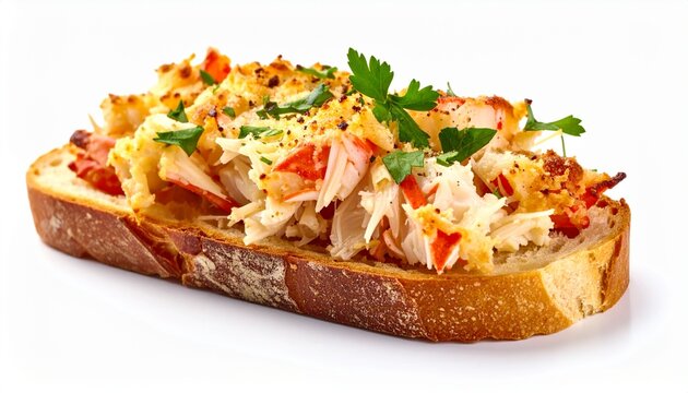 Baked open sandwich with melted cheese and herbs on white background