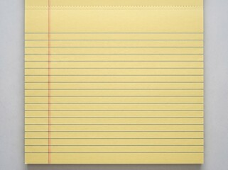 Obraz premium A blank yellow legal pad with blue horizontal lines and a red vertical margin on a gray background, ready for notes.