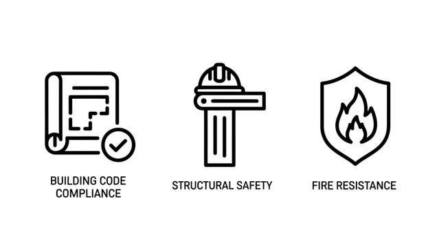 Building safety and construction compliance icon set with construction compliance building resistance structural blueprint regulation fireproof engineering protection standards
