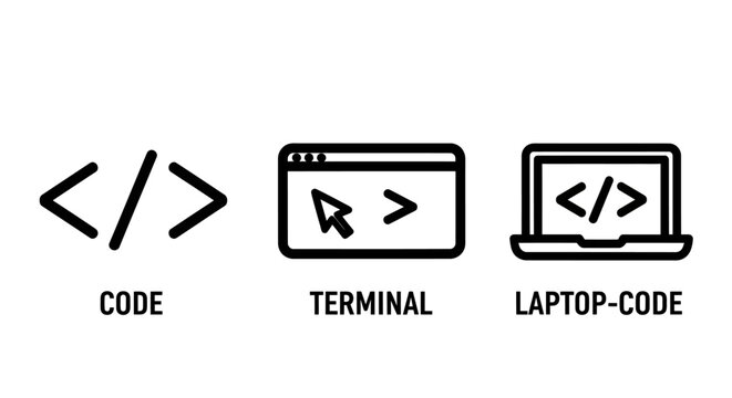Programming and web development icon set featuring code tags terminal window and laptop programming developer software terminal development technology computer interface language brackets