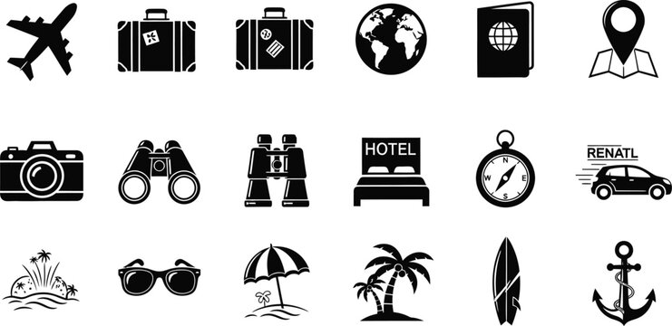 Travel and tourism icons for navigation and planning