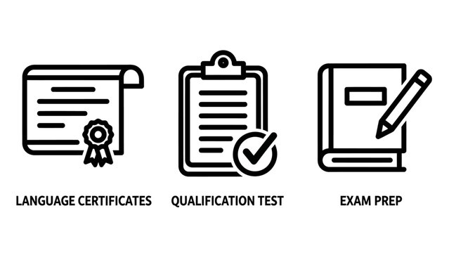 Set of education and qualification icons featuring language certificates qualification test exam preparation certification education qualification certificate document clipboard academic