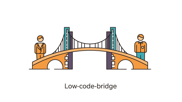 Conceptual illustration of a low-code bridge connecting people in business context with connection collaboration business software development technology solution professional corporate