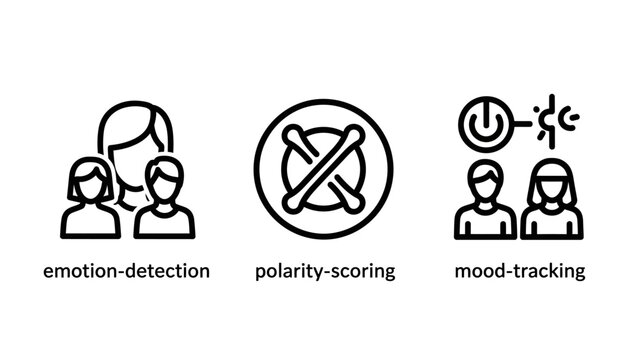 Set of data analytics and social media management icons representing emotion detection polarity scoring mood tracking with detection polarity tracking analysis sentiment behavior consumer