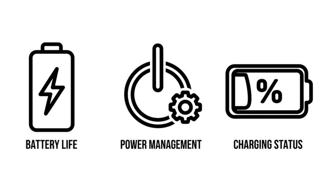 Battery life power management and charging status icons for device monitoring with management charging technology electricity capacity interface application configuration settings development