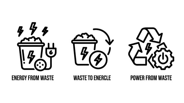 Set of clean vector icons illustrating energy from waste to energy power from recycling processes recycling sustainability environment renewable technology production electricity
